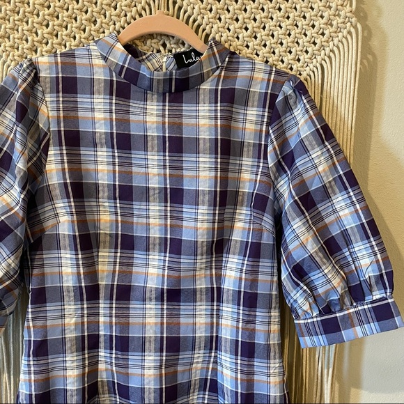 Lulu’s | NWOT Wendie Blue Multi Plaid Puff Sleeve A-line Mini Dress - Picture 3 of 8